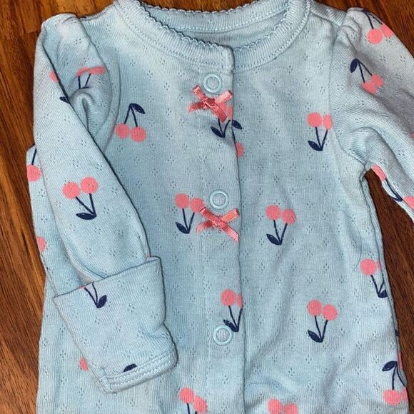 5 For $25 Carter's Blue and Pink Cherry Print Snap Up Footie Baby Preemie - Picture 2 of 5